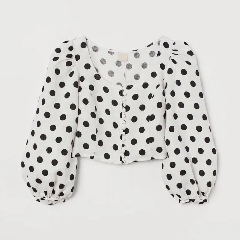 H&M Mara Hoffman Style Linen Balloon Sleeve Crop Blouse Size 8 - Picture 2 of 7